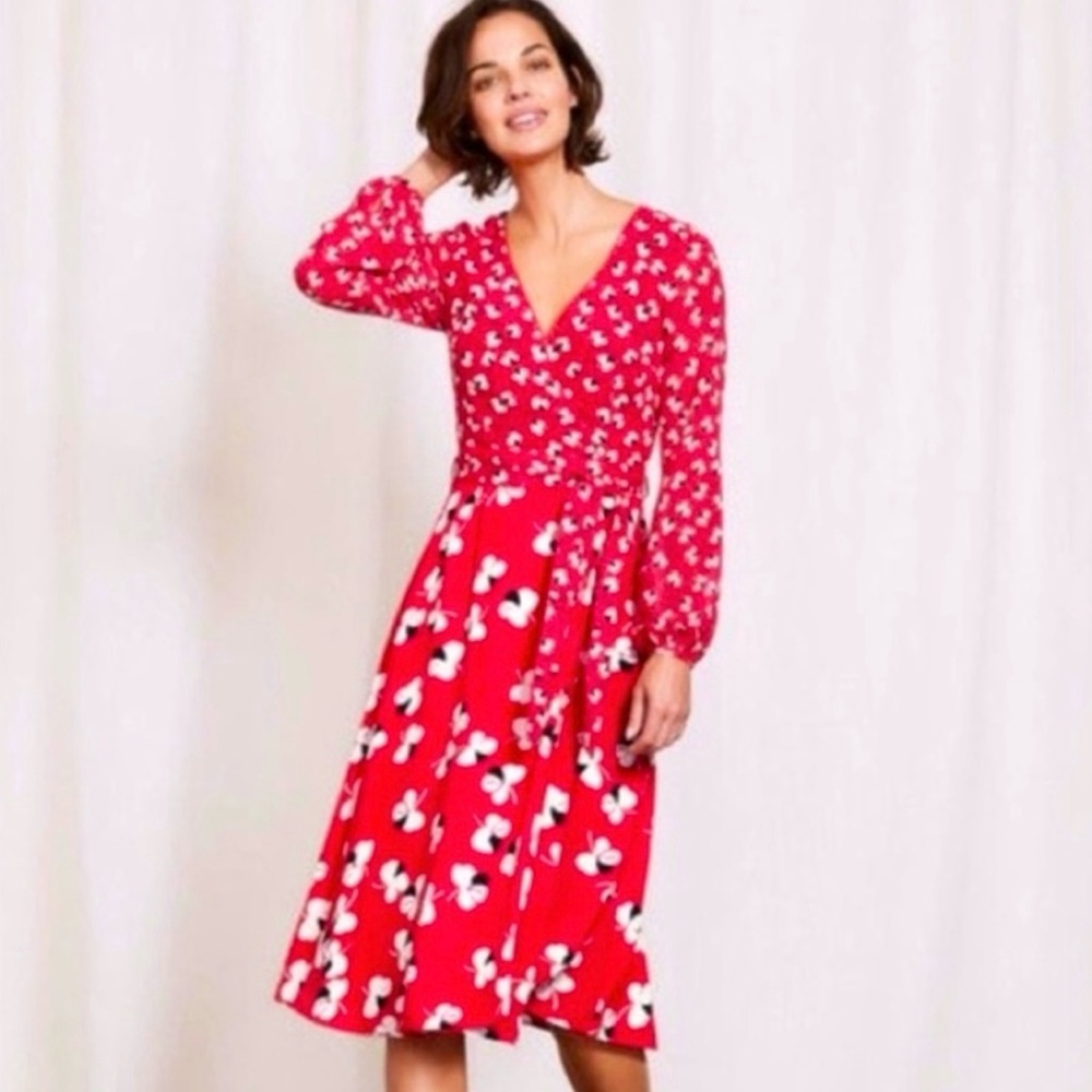 Boden Eden Red Floral Faux Wrap Dress